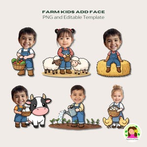 Farm Kids Add Face, Bulletin Board Decor, Cut and Paste Activity, Cake Topper Editable
