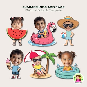 May include: Digital illustrations with children's faces, themed for summer. Includes a watermelon, flamingo float, beach ball, ice cream, beach chair, and pool. Text reads "SUMMER KIDS ADD FACE PNG and Editable Template."