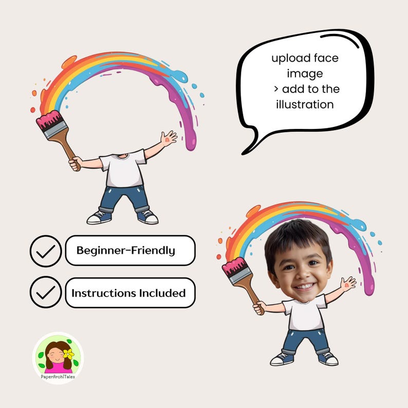 May include: Cartoon illustration of a figure with a paintbrush, painting a rainbow arc. The image includes the text "upload face image > add to the illustration". Additional text states "Beginner-Friendly" and "Instructions Included".