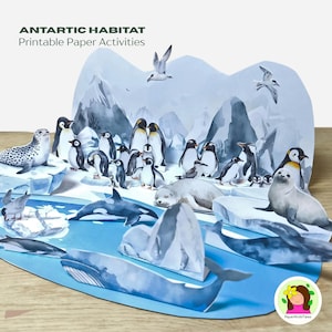 Diorama imprimible del hábitat antártico: manualidad ecológica para niños, escena de papel para aprender a usarla.