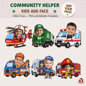 Puede incluir: Una plantilla digital titulada COMMUNITY HELPER KIDS ADD FACE con seis ilustraciones de dibujos animados de ayudantes comunitarios, incluyendo un piloto de helicóptero, basurero, conductor de ambulancia, gruista, rescatista animal y bombero.