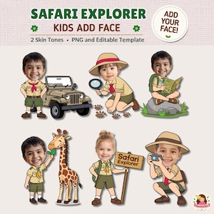 Könnte beinhalten: Eine digitale Vorlage mit dem Titel SAFARI EXPLORER KIDS ADD FACE mit sechs Cartoon-Illustrationen von Kindern in khakifarbenen Entdeckeruniformen. Die Figuren sind mit einem Jeep, einer Lupe, einer Karte, einer Giraffe und einer Kamera dargestellt.