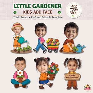 Pode incluir: Um modelo digital intitulado LITTLE GARDENER KIDS ADD FACE com seis ilustrações de desenhos animados de crianças com roupas de jardinagem. As personagens são mostradas a regar plantas, a puxar um carrinho de flores e a segurar vasos.