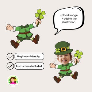 May include: Illustration of a leprechaun holding a green four-leaf clover. The leprechaun is wearing a green outfit with a brown belt and shoes. The image also includes a child wearing a leprechaun hat and outfit, holding a clover. Text: "upload image > add to the illustration".