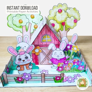 Sjabloon papieren huis, DIY konijntjeshuis kleuren en knutselen voor kinderen, 3D-activiteiten papierhuisjes voor kinderen, montessoripapier knutselen