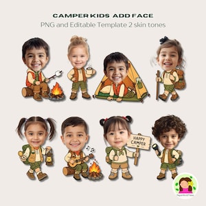 May include: A collection of cartoon illustrations of children dressed as campers. Each child is wearing a khaki outfit with a backpack and is engaged in camping activities. Text at the top reads "CAMPER KIDS ADD FACE".