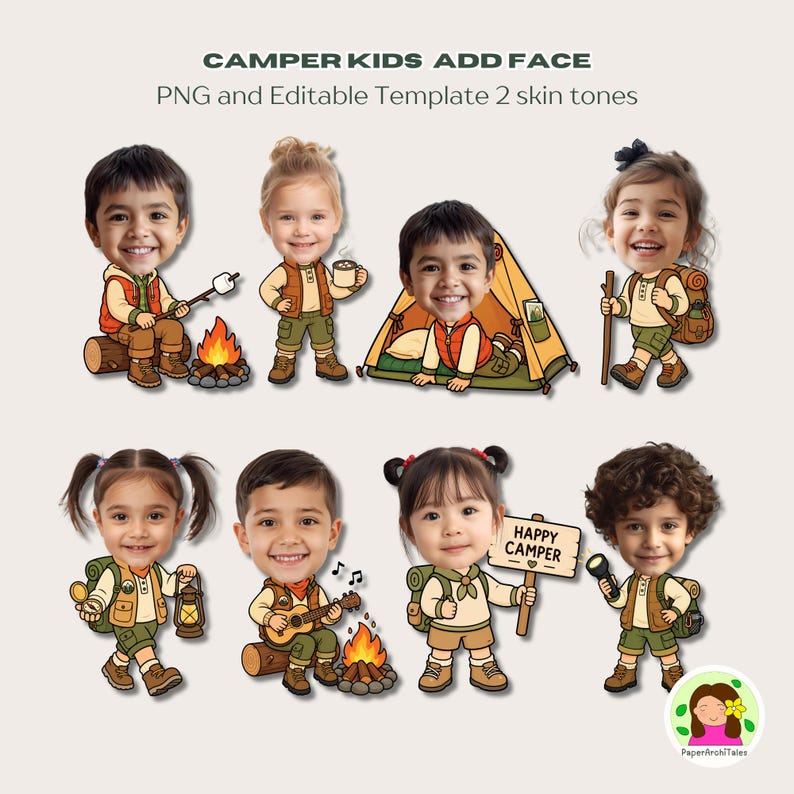 May include: A collection of cartoon illustrations of children dressed as campers. Each child is wearing a khaki outfit with a backpack and is engaged in camping activities. Text at the top reads "CAMPER KIDS ADD FACE".