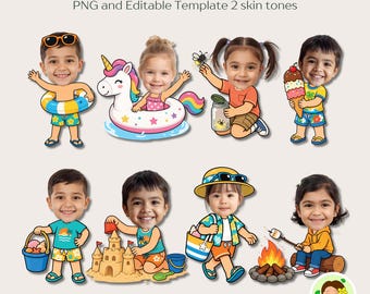 Actividad de verano para niños: Añade tu cara, Manualidad personalizada y Decoración para tablón de anuncios (Edición en Canva, PNG)