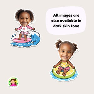 Puede incluir: Dos pegatinas con una ni&ntilde;a sonriente. Una pegatina muestra a la ni&ntilde;a surfeando en una tabla rosa con una ola azul. La otra muestra a la ni&ntilde;a con un traje de ba&ntilde;o amarillo y rosa en un flotador con forma de lima. Texto: "Todas las im&aacute;genes tambi&eacute;n est&aacute;n disponibles en tono de piel oscuro."