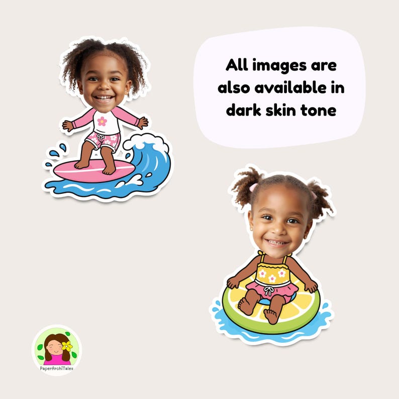 Puede incluir: Dos pegatinas con una ni&ntilde;a sonriente. Una pegatina muestra a la ni&ntilde;a surfeando en una tabla rosa con una ola azul. La otra muestra a la ni&ntilde;a con un traje de ba&ntilde;o amarillo y rosa en un flotador con forma de lima. Texto: "Todas las im&aacute;genes tambi&eacute;n est&aacute;n disponibles en tono de piel oscuro."
