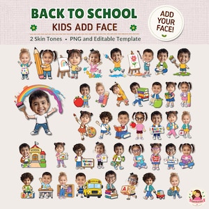 Puede incluir: Una colección digital de niños estilo caricatura con rostros personalizables para proyectos de regreso a clases. El set incluye varias poses con útiles escolares como lápices, libros, manzanas y un autobús, con el texto BACK TO SCHOOL.