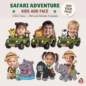 Könnte beinhalten: Ein digitales Grafikset mit dem Titel SAFARI ADVENTURE KIDS ADD FACE, das sechs Illustrationen von Kindern mit anpassbaren Gesichtern in Safari-Szenen zeigt, darunter grüne Jeeps, ein Flusspferd, ein Gorilla und ein Elefant.