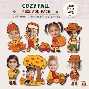 Może przedstawiać: Cyfrowy zestaw graficzny zatytułowany COZY FALL KIDS ADD FACE przedstawiający ośmioro dzieci w stylu kreskówkowym z dużymi głowami i jesiennymi ubraniami. Postacie wchodzą w interakcje z dyniami, wózkami, słonecznikami i drzewami w odcieniach pomarańczu, żółci i brązu.