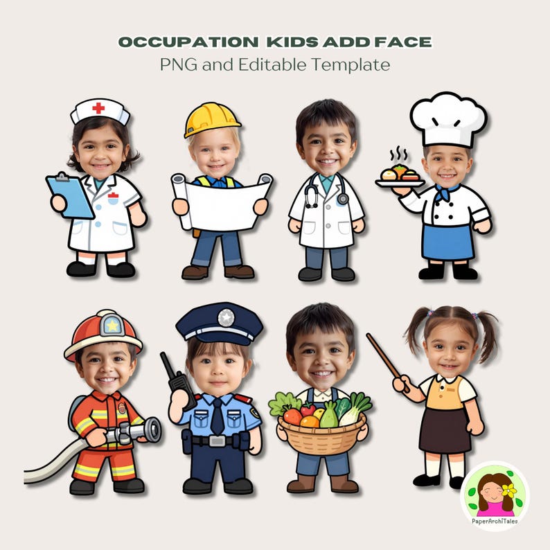 May include: Illustration of children in occupational costumes: nurse, builder, doctor, chef, firefighter, police officer, farmer, and teacher. Text at the top reads "OCCUPATION KIDS ADD FACE" and "PNG and Editable Template".
