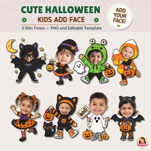 Puede incluir: Una plantilla digital con temática de Halloween que presenta ocho personajes de dibujos animados con recortes para caras. Los personajes usan disfraces que incluyen murciélago, bruja, rana, maíz dulce, calabaza, gato y fantasma.