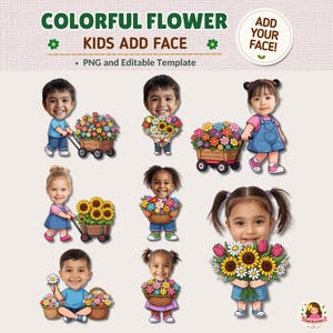 Könnte beinhalten: Eine digitale Vorlage mit dem Titel COLORFUL FLOWER KIDS ADD FACE, die verschiedene Kinder im Cartoon-Stil mit anpassbaren Gesichtern zeigt. Die Illustrationen zeigen Kinder, die Holzwagen voller bunter Blumen halten oder ziehen.