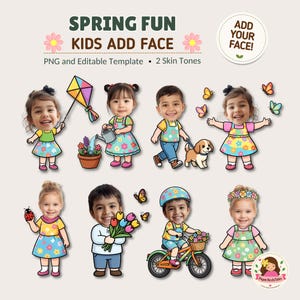Spring Kids Add Face, Bulletin Board Decor, Cut and Paste Activity (Canva Edit, PNG)