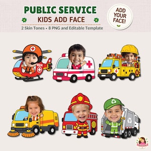 May include: A digital graphic set titled PUBLIC SERVICE KIDS ADD FACE featuring six illustrations of children's faces superimposed onto cartoon emergency vehicles and personnel, including a rescue helicopter, ambulance, fire truck, and utility trucks.