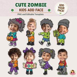 Pode incluir: Um conjunto gráfico digital com oito personagens zumbis em estilo cartoon com rostos personalizáveis. Cada personagem veste roupas coloridas com tema de Halloween e segura itens como abóboras, placas com ZOMBIE ZONE e BOO, ou bichos de pelúcia.
