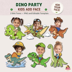 May include: A digital template titled DINO PARTY KIDS ADD FACE featuring six cartoon dinosaurs with children's faces superimposed on the riders. The dinosaurs include a triceratops, pterodactyl, t-rex, spinosaurus, and long-necked sauropods.
