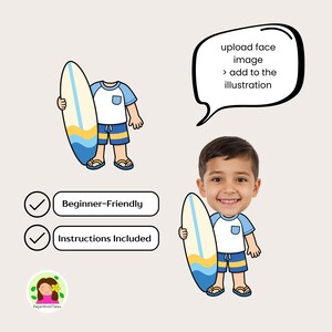 Puede incluir: Ilustraci&oacute;n de un surfista de dibujos animados con una tabla de surf. El surfista lleva una camisa azul y blanca, pantalones cortos azules y sandalias. Las burbujas de texto dicen "upload face image > add to the illustration".