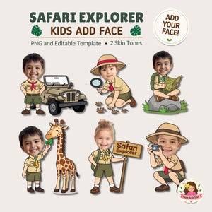 Könnte beinhalten: Ein digitales Vorlagenset mit dem Titel Safari Explorer Kids Add Face, das sechs Illustrationen von Kindern in khakifarbenen Safari-Uniformen zeigt. Die Figuren sind mit einem Jeep, einer Lupe, einer Karte, einer Giraffe, einem Schild und einer Kamera abgebildet.