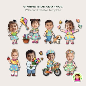 May include: A digital illustration featuring children with various spring-themed accessories. The image includes children with a kite, watering flowers, walking a dog, with butterflies, a ladybug, holding flowers, riding a bike, and wearing a flower crown. Text: SPRING KIDS ADD FACE PNG and Editable Template.