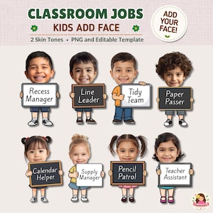 May include: A digital classroom jobs template featuring eight cartoon children holding signs with text including Recess Manager, Line Leader, Tidy Team, Paper Passer, Calendar Helper, Supply Manager, Pencil Patrol, and Teacher Assistant.
