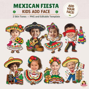 Puede incluir: Un conjunto de plantillas digitales titulado MEXICAN FIESTA KIDS ADD FACE que presenta ocho ilustraciones de niños con vestimenta tradicional mexicana. Los personajes incluyen sombreros, maracas, guitarras y piñatas, con áreas faciales vacías.