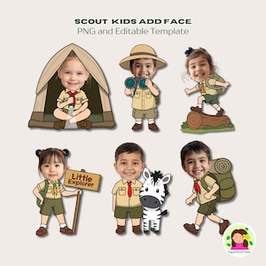 Puede incluir: Ilustración digital con seis personajes de dibujos animados de exploradores con caras de niños. Los personajes visten uniformes de exploradores y participan en diversas actividades al aire libre, como acampada y exploración. El texto en la parte superior dice "SCOUT KIDS ADD FACE PNG and Editable Template."