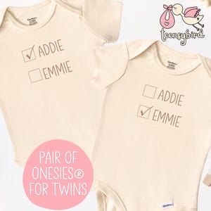 Custom Name Twin Onesies®, Set of 2 Baby Bodysuits for Twins, Personalized Baby Rompers, Baby Shower Gift for Two, Name Reveal Onesies
