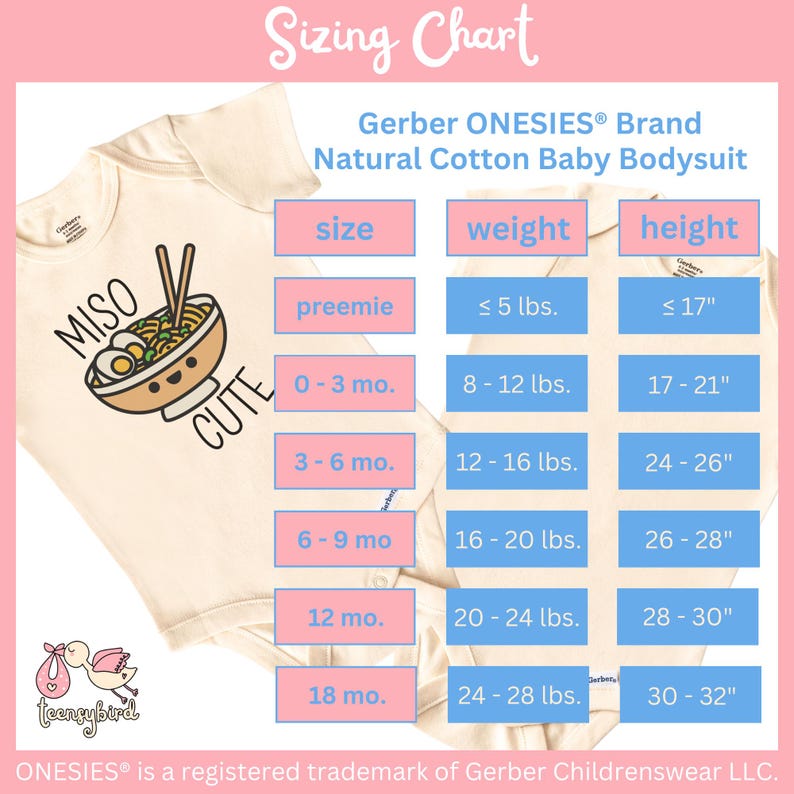 May include: A beige baby onesie with a cute illustration of a bowl of ramen noodles with the words "Miso Cute" on it. The onesie is a Gerber ONESIES&reg; Brand Natural Cotton Baby Bodysuit. A sizing chart is shown with the size, weight, and height of the baby in inches and pounds.