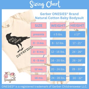 May include: A sizing chart for Gerber ONESIES&reg; Brand Natural Cotton Baby Bodysuit. The chart shows the size, weight, and height for different ages, from preemie to 18 months. The chart is printed on a white background with pink and blue accents.