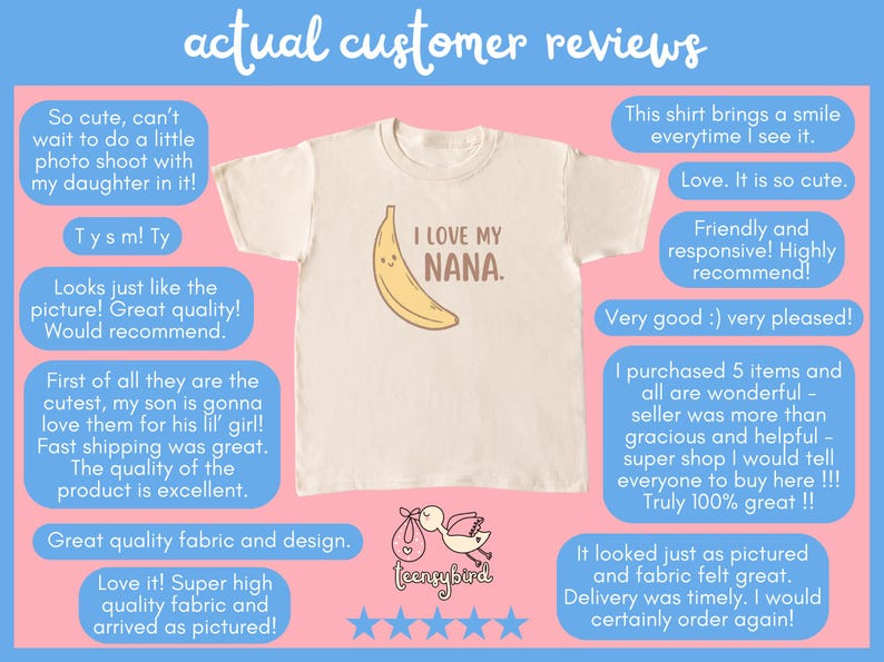 May include: Cream-colored t-shirt with a smiling banana graphic and the text "I LOVE MY NANA." The shirt is surrounded by customer reviews. The overall theme is children's apparel.