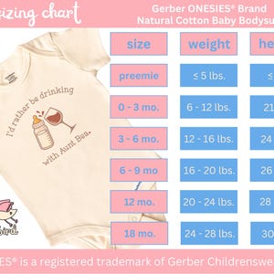 May include: Cream-colored Gerber Onesies brand baby bodysuit with the text "I'd rather be drinking with Aunt Bea." A sizing chart shows sizes from preemie to 18 months, with corresponding weights and heights in inches.