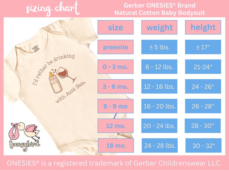 May include: Cream-colored Gerber Onesies brand baby bodysuit with the text "I'd rather be drinking with Aunt Bea." A sizing chart shows sizes from preemie to 18 months, with corresponding weights and heights in inches.