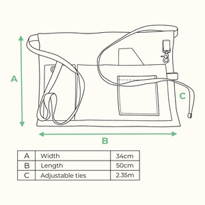 May include: A line drawing of a waist apron with multiple pockets, a metal clip, and long ties. A chart indicates dimensions: A width of 34cm, a length of 50cm, and adjustable ties measuring 2.35m. The diagram uses green arrows to label A and B.