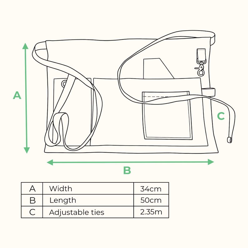 May include: A line drawing of a waist apron with multiple pockets, a metal clip, and long ties. A chart indicates dimensions: A width of 34cm, a length of 50cm, and adjustable ties measuring 2.35m. The diagram uses green arrows to label A and B.