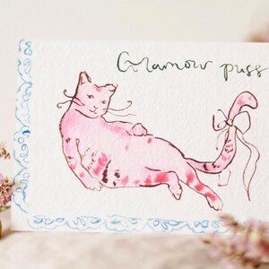 Carte de voeux glamour de chat rose de Zazzle.be Liste d'envies Vous avez des idées ? Carte mignonne de chat | Cartes d'illustration à l'aquarelle | Cartes de voeux vierges