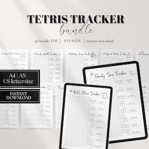 May include: A collection of printable Tetris-themed trackers, including a Family Time Tracker and Kid's Chore Tracker. The bundle includes 10 pages and is available for instant download. The trackers are designed in a grid format with Tetris block shapes.