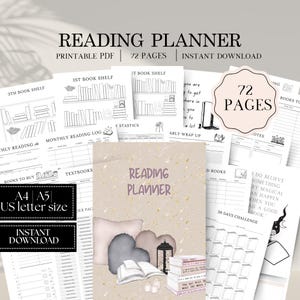 印刷可能な読書プランナーバンドル、読書ジャーナル2026 2027、印刷可能な読書チャレンジ、読書レビューログブック、月間および年間計画