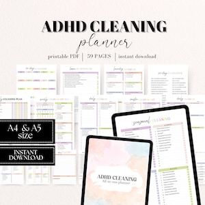 Könnte beinhalten: Ein ADHD-Reinigungsplaner mit einem sanften Pastellfarbschema. Der Planer enthält Abschnitte für die tägliche, wöchentliche und saisonale Reinigung sowie eine 20-Tage-Challenge. Der Text "ADHD CLEANING" und "All-in-one planner" sind sichtbar.