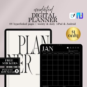 May include: Digital planner with the text "undated DIGITAL PLANNER" and "PLANNER" in large black letters. The image shows two tablets, one with a calendar layout for January and the other with the word "PLANNER". Includes "FREE STICKERS" and "INSTANT DOWNLOAD" text.