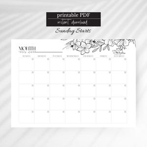 May include: A printable PDF monthly calendar with a floral design. The calendar grid is blank, with days of the week across the top. The text "printable PDF instant download Sunday Starts" is at the top. The word "Month" is at the top left.