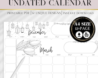 May include: A printable undated calendar with 12 unique designs. The calendar features a black and white design with a floral motif and the months of December and March. The calendar is A4 size and has 12 pages.