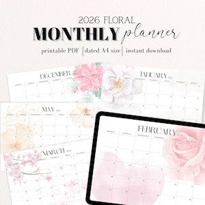 May include: A floral 2026 monthly planner with a printable PDF, A4 size, and instant download. The image shows calendar pages for December, January, May, March, and February, each with floral watercolor designs.