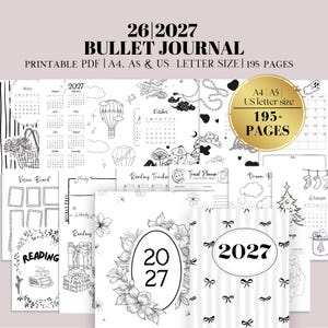 May include: A 2027 bullet journal printable PDF set featuring 195 pages in A4, A5, and US letter sizes. The collection includes various black and white illustrated planner pages with calendars, vision boards, reading trackers, and travel planners.