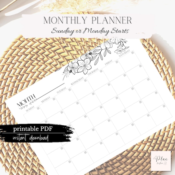 PRINTABLE MONTHLY PLANNER, Minimalist monthly Schedule, printable month landscape, floral undated calendar, A4 printable planner