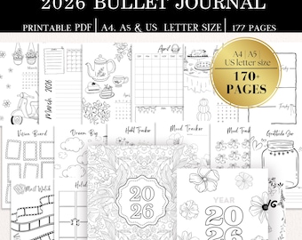 2026 Bullet Planner Journal Pages, Printable Trackers, Weekly Monthly pages, Habit Trackers, Reading journal, self care bujo journal, saving