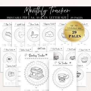 Puede incluir: Un conjunto de rastreadores mensuales en PDF imprimibles en blanco y negro, con temas como salud y lectura. Las páginas presentan diseños circulares y el texto "Monthly Tracker". Formatos A4, A5 y US Letter, con 29 páginas.